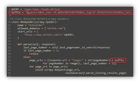 Python Scrapy spider code showing URL construction with GPS coordinates and pagination