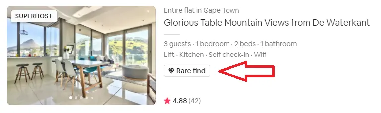 Airbnb listing showing the Rare Find badge - a Cape Town property with Table Mountain views